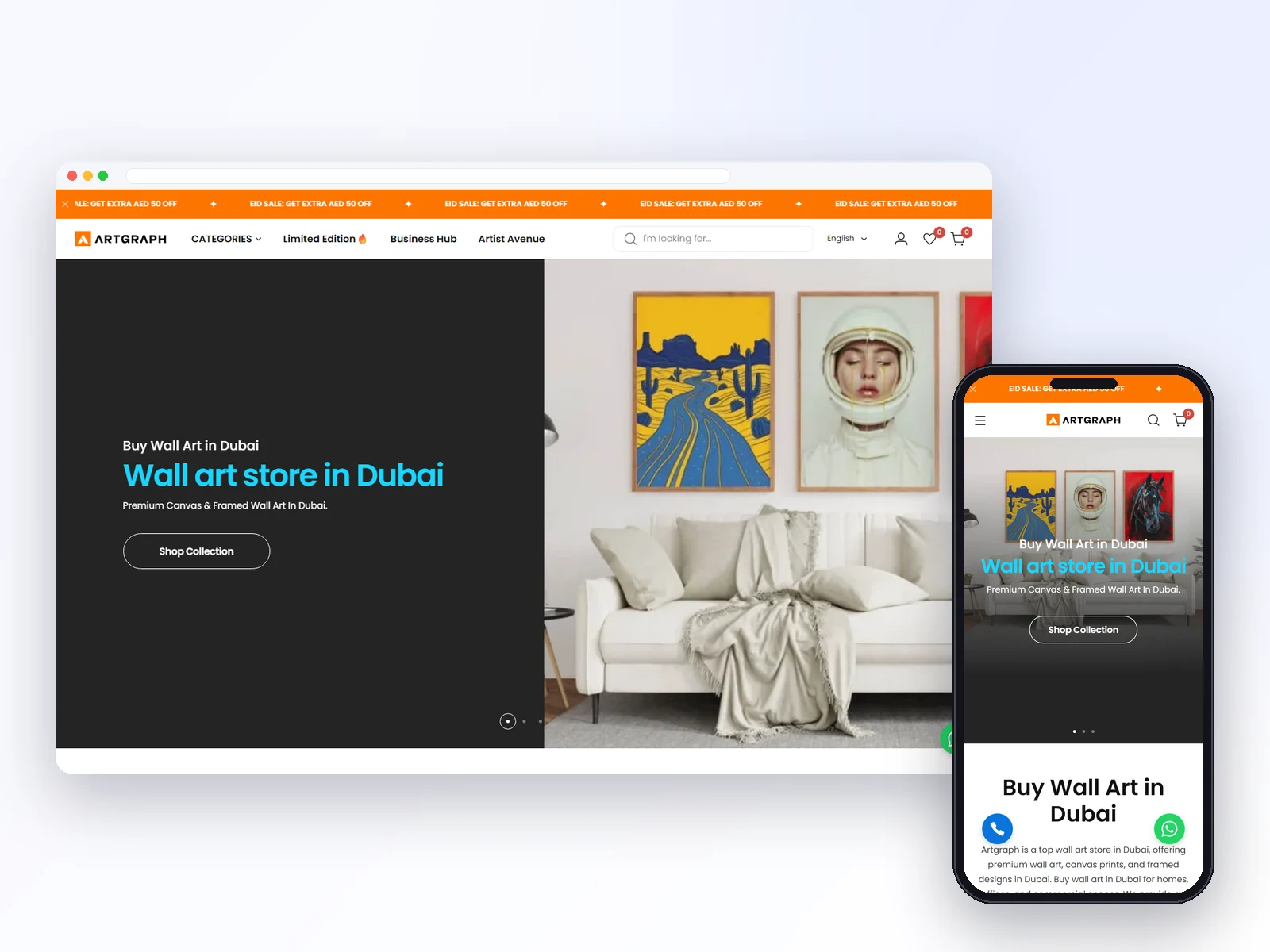 Artgraph – Wall Art Store website on desktop and mobile