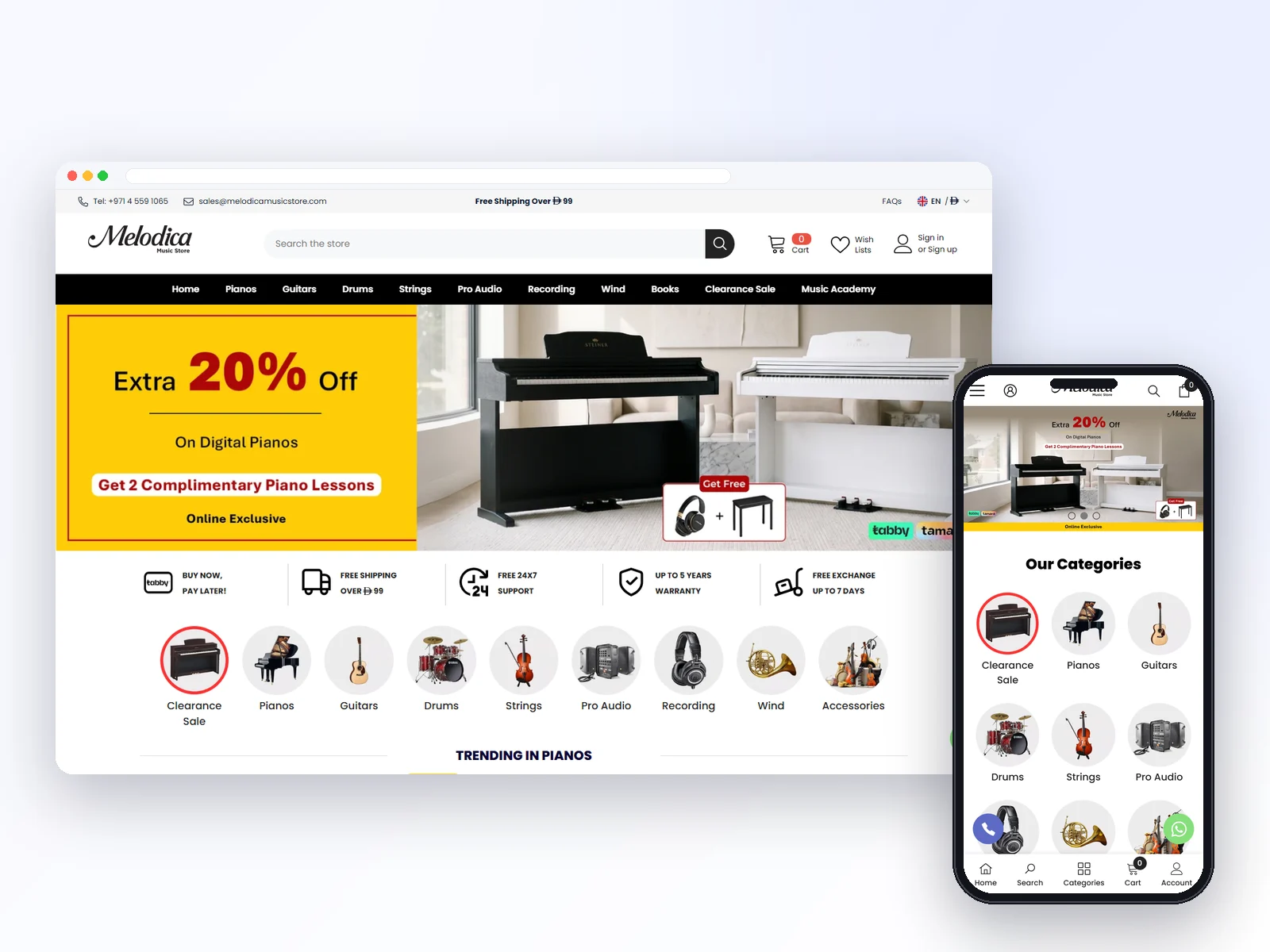 Melodica Music Store website on desktop and mobile